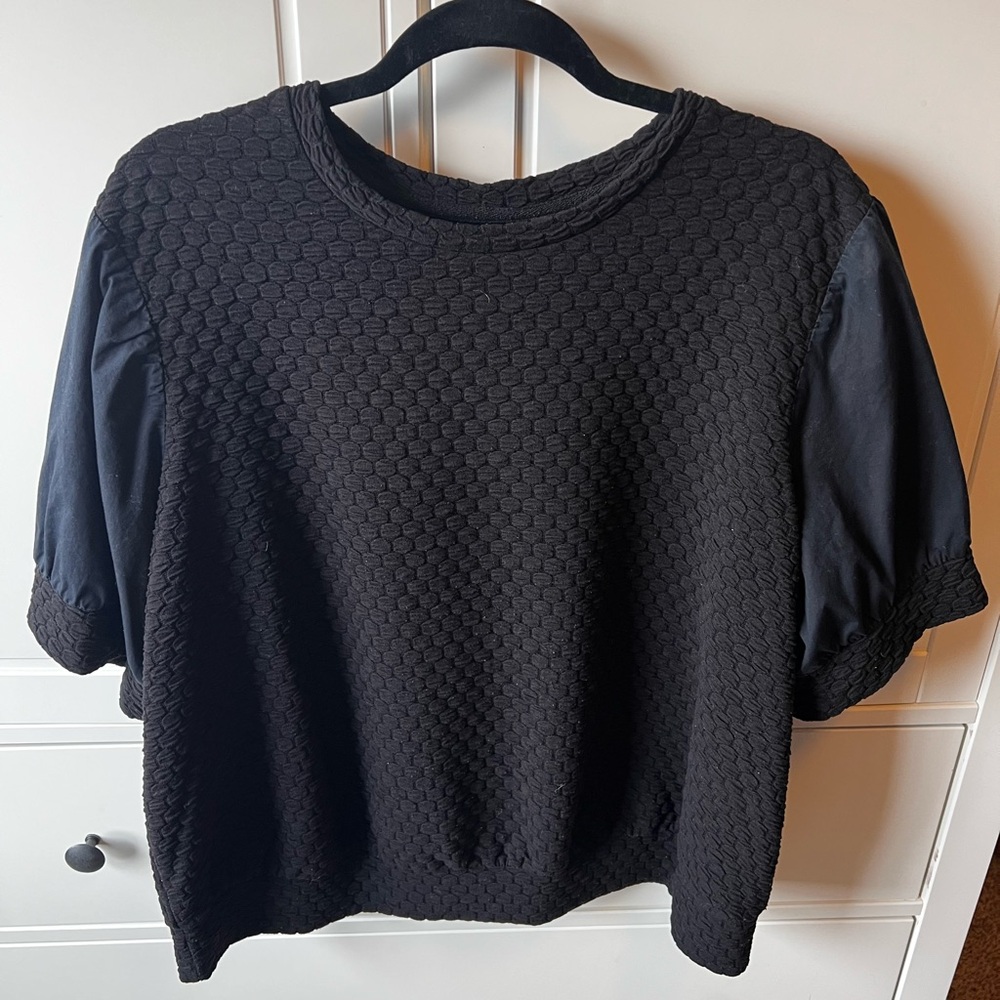 Black Textured Puff-Sleeve Women's Top by